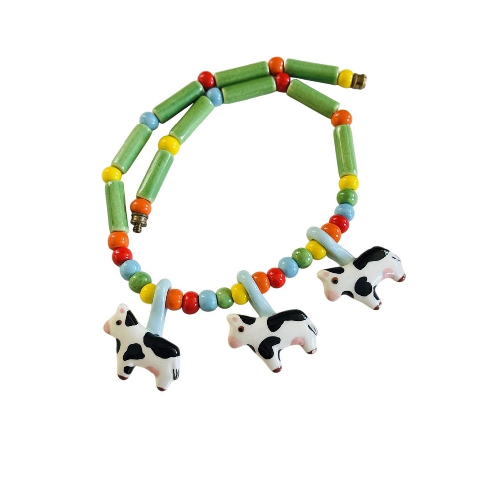 Flying Colors Signed Cow NECKLACE Ranch Western CERAMIC VTG Colorful Statement - Picture 2 of 7